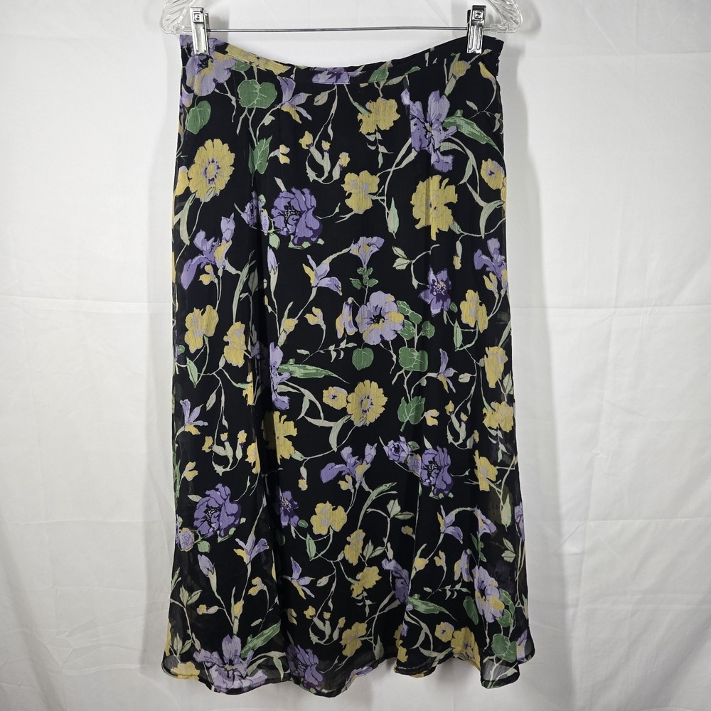 Vintage Y2K 90s Goodclothes Black Floral Chiffon Midi Skirt Sz 8‎ Garden Party